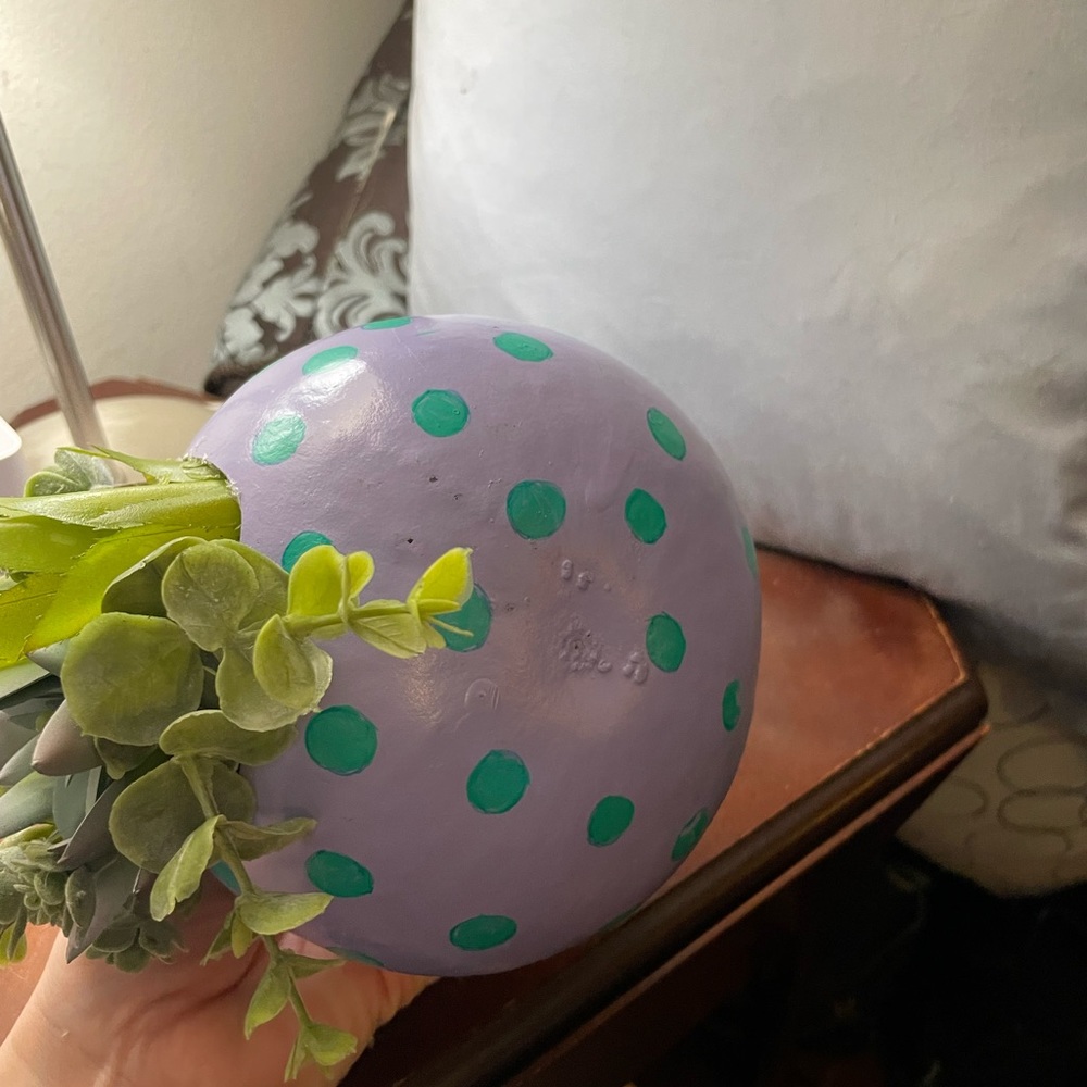 Hand crafted painted dried gourd planter purple aqua blue dots faux succulents - Picture 13 of 16
